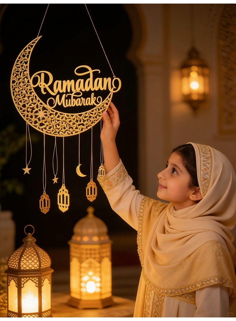 يواوليتي زينة رمضان، زينة رمضان المعلقة، قمر ذهبي خشبي وحرف يدوية، هدية رمضان مثالية لتزيين غرفة المعيشة - Image 2